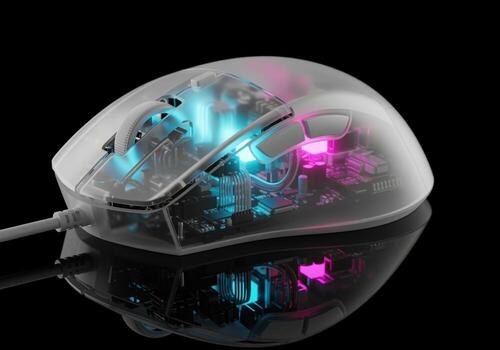 Translucent computer gaming mouse showing internal circuits and neon light photo