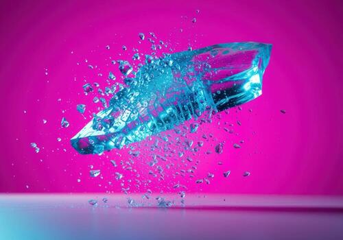 Dynamic shattering of a blue ice shard exploding against a vibrant pink neon background. photo