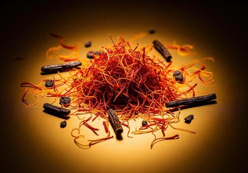 Luxurious pile of crimson saffron threads and dark vanilla spice sticks dramatically illuminated. photo
