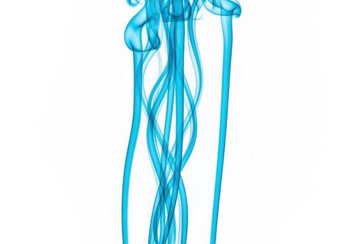 Bright cyan smoke streams abstract flowing pattern isolated on white background photo