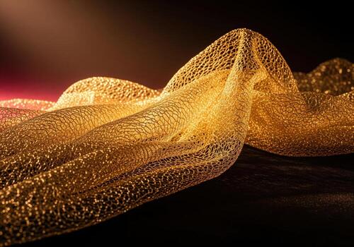 Abstract conceptual photograph of shimmering gold mesh fabric draped in elegant curves photo