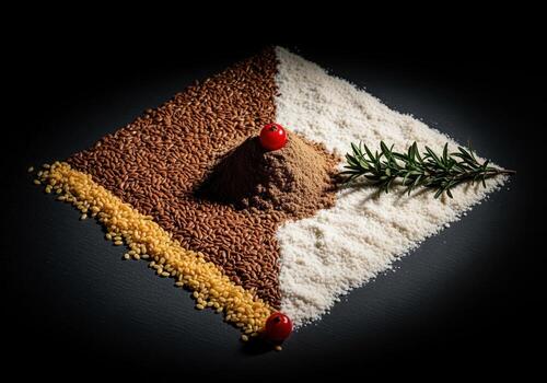 Abstract composition of flaxseed, flour, spice, and rosemary on a black slate surface photo