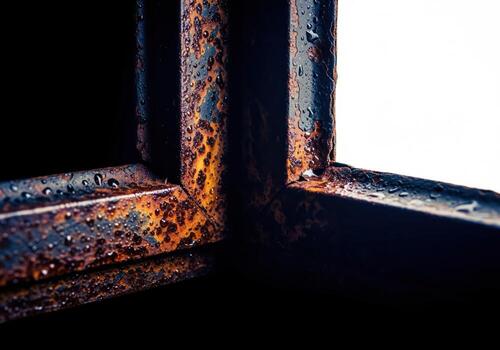 Dramatic macro view of a wet, heavily rusted metal frame corner texture with water drops photo