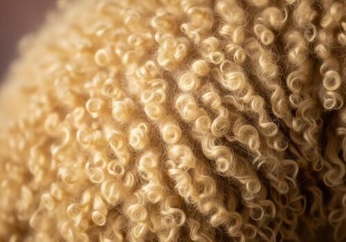 Tightly coiled golden beige curly wool fleece texture in abstract macro shot photo