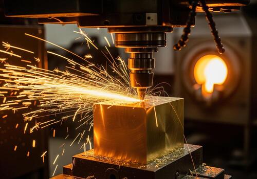 Industrial CNC milling machine cutting solid brass block creating bright sparks. photo