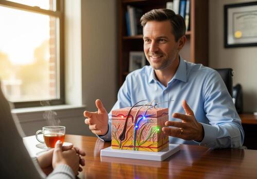 Smiling doctor explains skin treatment using illuminated anatomical model to patient during consultation. photo