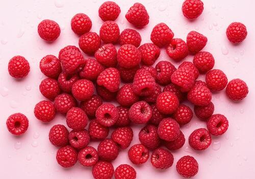 Fresh ruby red raspberries scattered on a pastel pink surface with refreshing water drops. photo