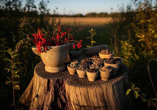 Mortar and pestle with red berries and soil samples on a rustic tree stump at sunset. photo