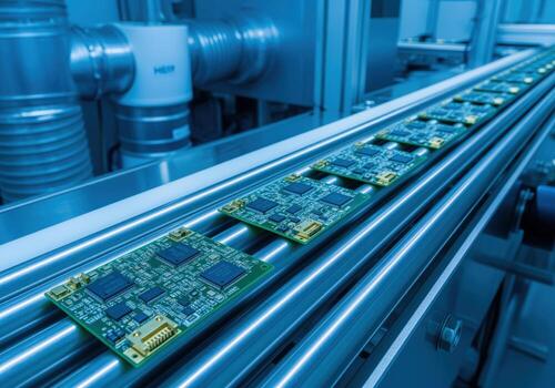 Electronic circuit boards moving along an automated conveyor belt in a modern factory photo