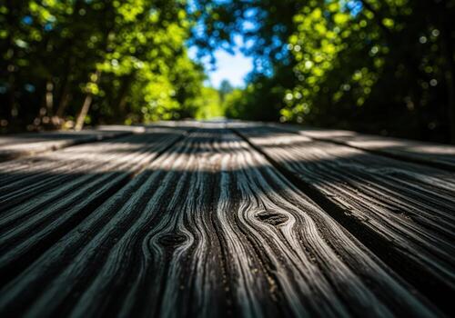 Low angle shot of weathered dark wood planks with deep texture leading into a blurred forest path photo