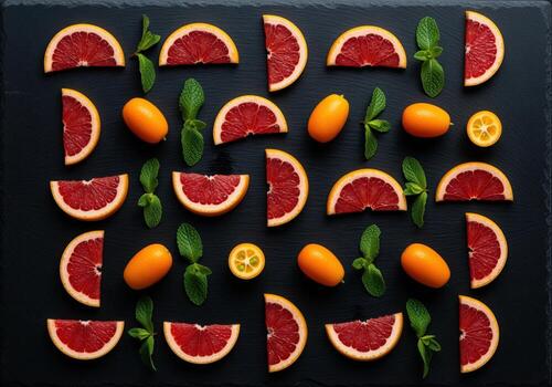 Symmetrical pattern of ruby red grapefruit slices, whole kumquats, and fresh mint leaves on a dark slate background photo