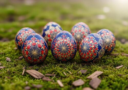 seis ornamental pisanky Pascua de Resurrección huevos con intrincado patrones descansando en vibrante verde musgo foto