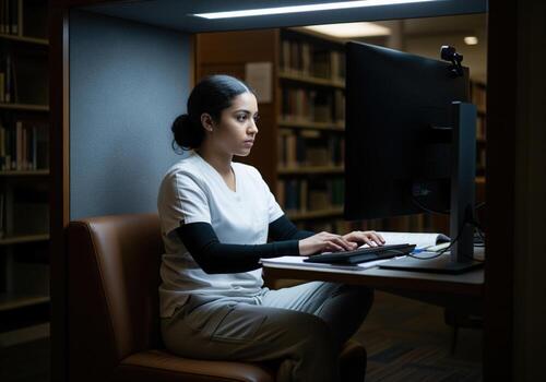 Dedicated female medical student working on research documentation late at night in library photo