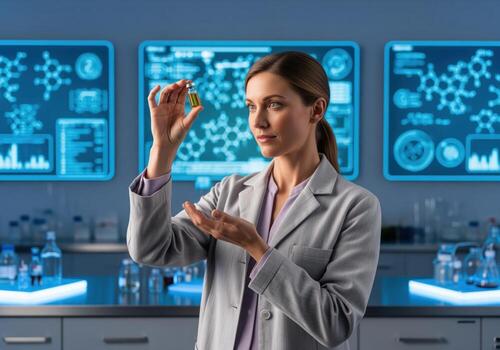 Woman scientist examining sample vial in high tech laboratory with digital screens. photo