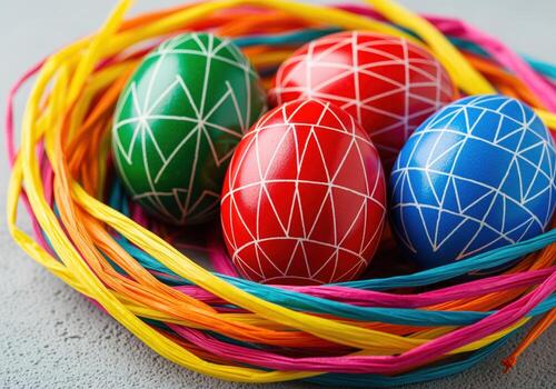 vibrante geométrico estampado Pascua de Resurrección huevos en rojo, verde, y azul dentro un vistoso nido. foto