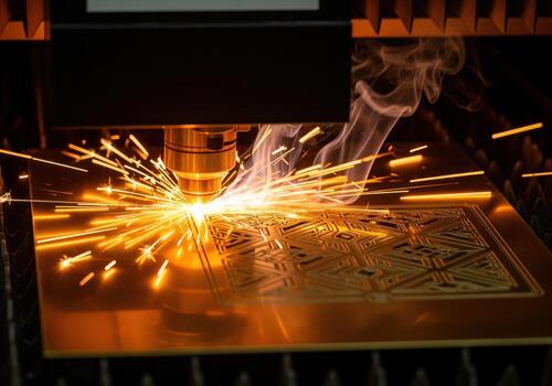 Precision laser cutting machine etching intricate geometric pattern on metal sheet photo