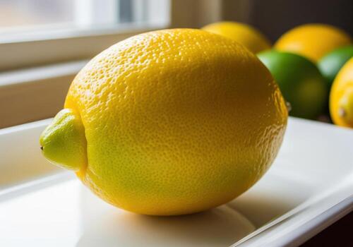 Vibrant close up of a single textured yellow lemon resting on a white surface photo