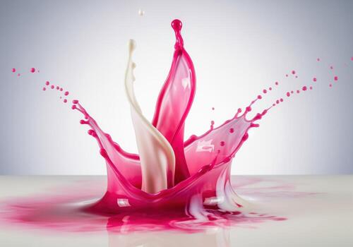 Dynamic crown splash of pink and white liquid mixing in high speed studio shot photo