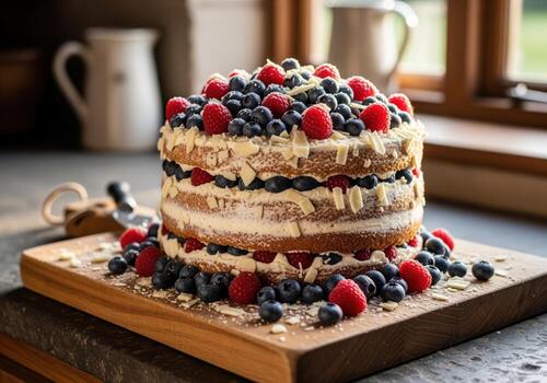 Rustic multi layer naked cake topped with fresh blueberry and raspberry fruit photo