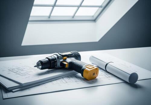 Cordless power drill resting on architectural blueprints symbolizing construction and planning. photo