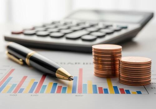 Financial analysis concept with pen, stacked coins, bar graph, and calculator. photo