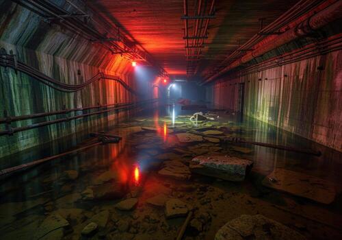 Eerie abandoned underground bunker tunnel flooded with water and illuminated by red warning lights photo