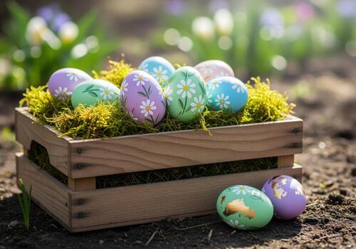 pastel Pascua de Resurrección huevos con margarita patrones en un rústico de madera caja lleno con musgo. foto