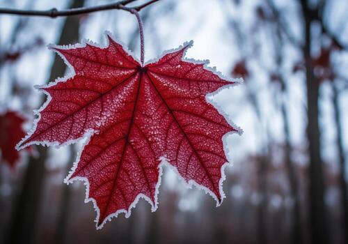 Deep red maple leaf textured with frost crystals hanging on a branch in the cold forest photo