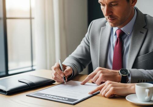 Businessman signing contract document with a pen while reviewing terms in a bright office photo