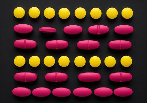 Geometric grid pattern of vibrant magenta oval tablets and bright yellow round pills photo