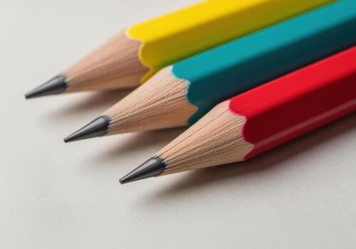 Detailed macro view of three freshly sharpened colored pencils ready for writing photo