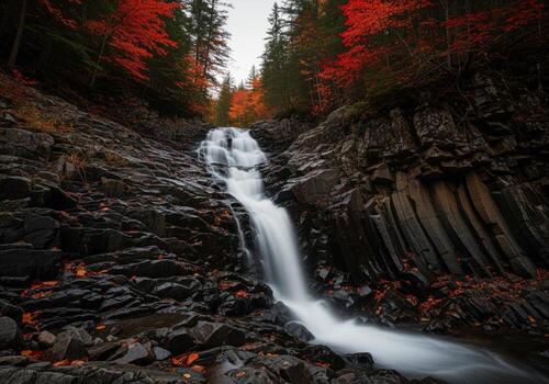 Dramatic autumn waterfall cascade flowing over dark striated basalt rocks in a forest. photo