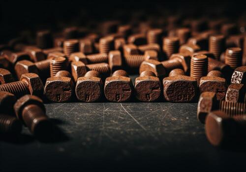 Hundreds of heavy rusted iron bolts scattered randomly on a dark scratched background photo