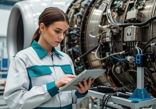 Female aviation engineer using tablet for diagnostic check on large jet engine. photo
