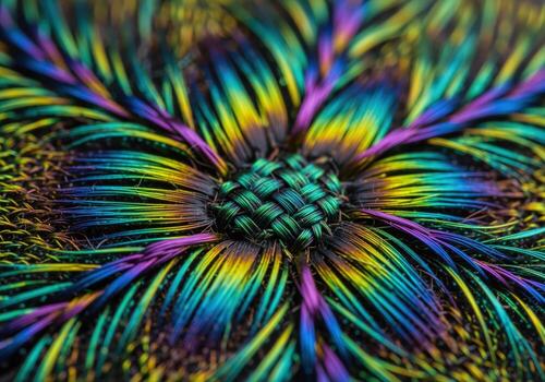 Extreme macro photograph of vibrant iridescent fibers woven into a colorful abstract flower design. photo