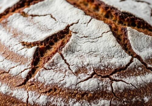 Extreme macro closeup of rustic dark sourdough bread crust texture dusted with white flour photo