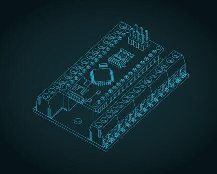 Arduino nano IO shield and Arduino nano isometric blueprint vector