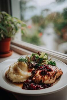 Delicious Homemade Chicken With Mashed Potatoes and Salad on a Cozy Table by the Window photo