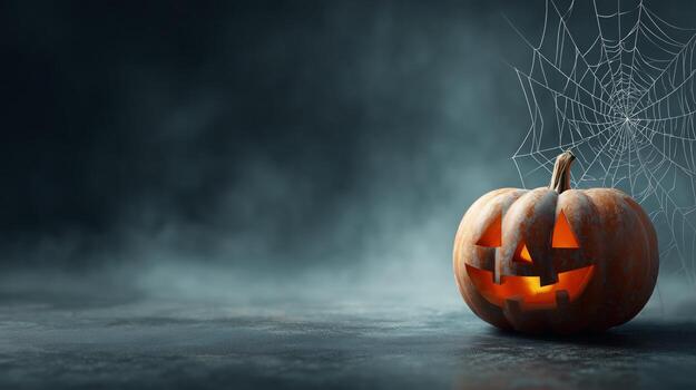 Halloween Pumpkin Glowing in the Dark With a Spooky Web in the Background During Autumn Nighttime photo