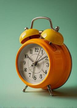 Bright Yellow Alarm Clock on a Mint Green Background Displays the Time in a Playful Manner photo