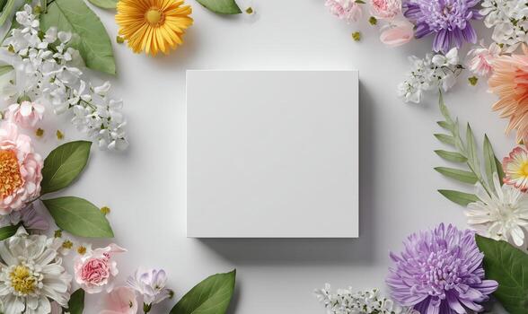 brillante floral arreglo con vacío marco en un ligero antecedentes exhibiendo primavera belleza foto