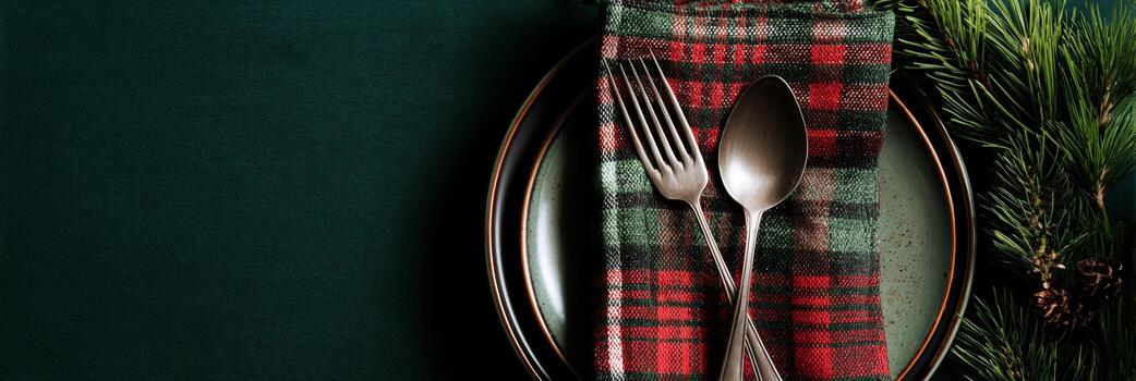 Dinner Setting With Plaid Napkin and Silverware on Dark Plate photo