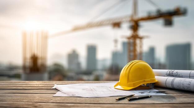 Construction Site at Sunset Featuring a Hard Hat, Blueprints, and a Crane in the Background photo