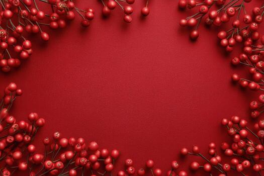 Bright Red Berries and Twigs Create a Festive Border on Vibrant Red Background photo