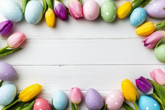 Colorful Easter Eggs and Tulips Arranged in a Decorative Pattern on a Wooden Surface for Spring Celebration photo