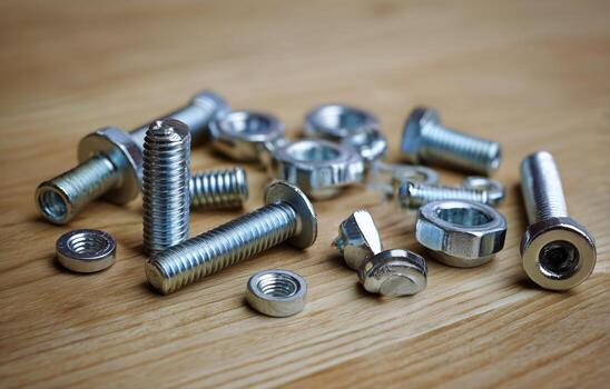 Various Metallic Bolts and Nuts Scattered on a Wooden Surface for Construction Tasks photo