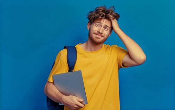 Student Looking Stressed While Holding Laptop and Backpack in Front of Blue Background photo