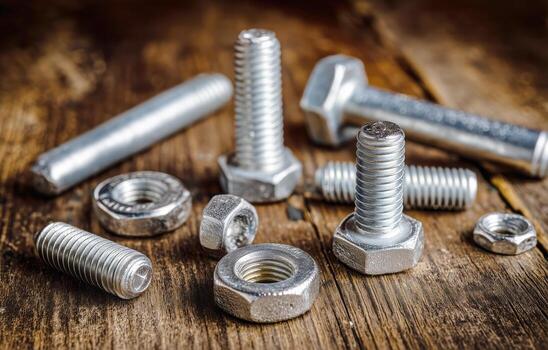 Collection of Metal Bolts and Nuts Arranged on a Table With a Blurred Background photo