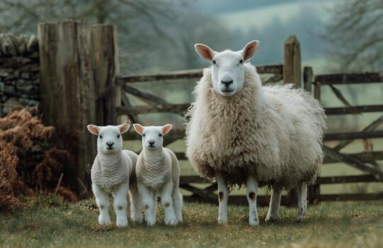 Sheep and Cute Lambs Gathered in a Green Field Near a Rustic Farmhouse on a Calm Spring Day photo