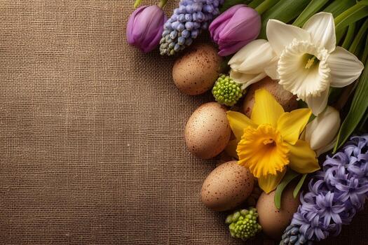 Beautiful Spring Arrangement With Flowers and Decorated Eggs on a Textured Background photo